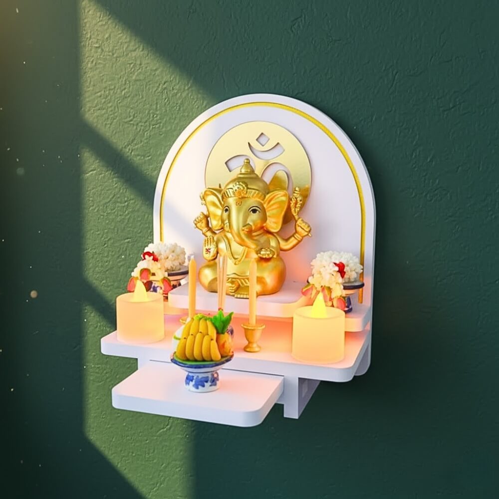 หิ้งพระตั้งโต๊ะและติดผนัง KAF รุ่น BIGPLUS01-AC ขนาดเล็ก ลายโอม กระจกทอง พร้อมถาดสไลด์_3