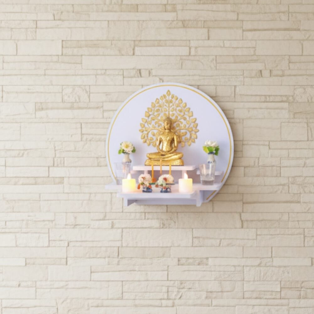 หิ้งพระมินิมอลตั้งโต๊ะและติดผนัง KAF รุ่น CIRPLUS01-AC ลายต้นโพธิ์ C ทรงกลมขนาดใหญ่ พร้อมถาดสไลด์_2