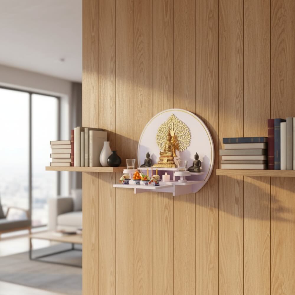 หิ้งพระมินิมอลตั้งโต๊ะและติดผนัง KAF รุ่น CIRPLUS01-AC ลายต้นโพธิ์ F ทรงกลมขนาดใหญ่  พร้อมถาดสไลด์