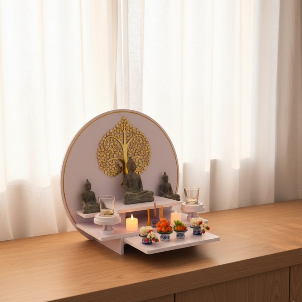 หิ้งพระมินิมอลตั้งโต๊ะและติดผนัง KAF รุ่น CIRPLUS01-AC ลายต้นโพธิ์ F ทรงกลมขนาดใหญ่  พร้อมถาดสไลด์