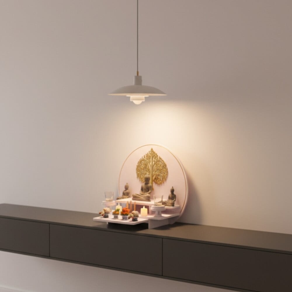 หิ้งพระมินิมอลตั้งโต๊ะและติดผนัง KAF รุ่น CIRPLUS01-AC ลายต้นโพธิ์ F ทรงกลมขนาดใหญ่  พร้อมถาดสไลด์