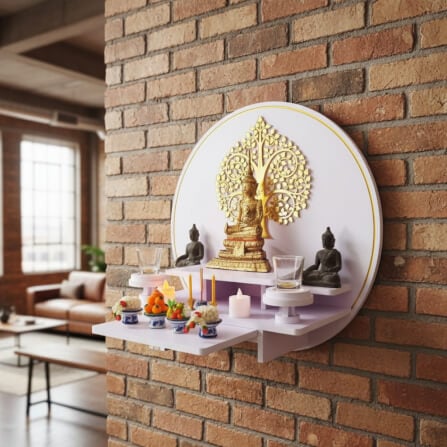 หิ้งพระมินิมอลตั้งโต๊ะและติดผนัง KAF รุ่น CIRPLUS01-AC ลายต้นโพธิ์ F ทรงกลมขนาดใหญ่  พร้อมถาดสไลด์_5