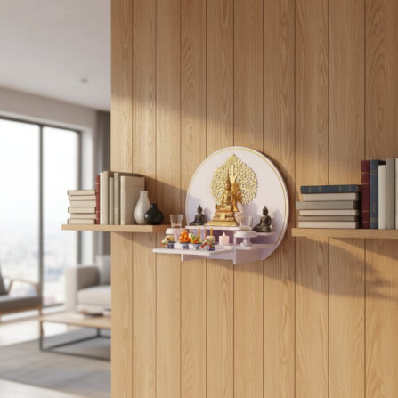 หิ้งพระมินิมอลตั้งโต๊ะและติดผนัง KAF รุ่น CIRPLUS01-AC ลายต้นโพธิ์ F ทรงกลมขนาดใหญ่  พร้อมถาดสไลด์_1