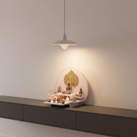 หิ้งพระมินิมอลตั้งโต๊ะและติดผนัง KAF รุ่น CIRPLUS01-AC ลายต้นโพธิ์ F ทรงกลมขนาดใหญ่  พร้อมถาดสไลด์_3