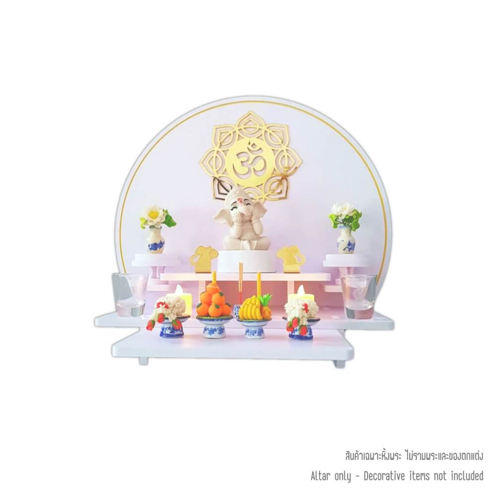 หิ้งพระมินิมอลตั้งโต๊ะและติดผนัง KAF รุ่น CIRPLUS01-AC ลายโอม 8 แฉก ทรงกลมขนาดกลาง พร้อมถาดสไลด์