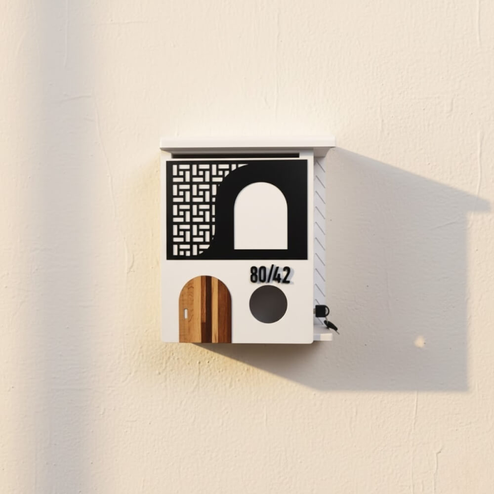 ตู้จดหมาย KAF รุ่น MB01-F2 โมเดิร์น ลายดำประตูไม้ ใส่ A4 ได้ แถมเลขที่บ้าน ล็อคได้