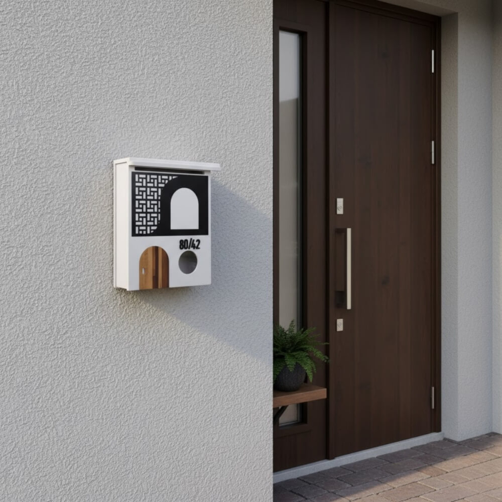 ตู้จดหมาย KAF รุ่น MB01-F2 โมเดิร์น ลายดำประตูไม้ ใส่ A4 ได้ แถมเลขที่บ้าน ล็อคได้