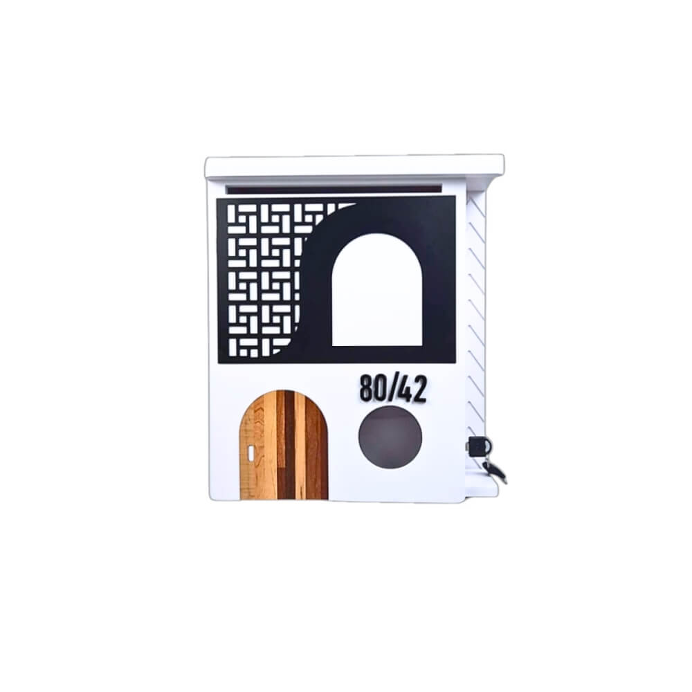 ตู้จดหมาย KAF รุ่น MB01-F2 โมเดิร์น ลายดำประตูไม้ ใส่ A4 ได้ แถมเลขที่บ้าน ล็อคได้