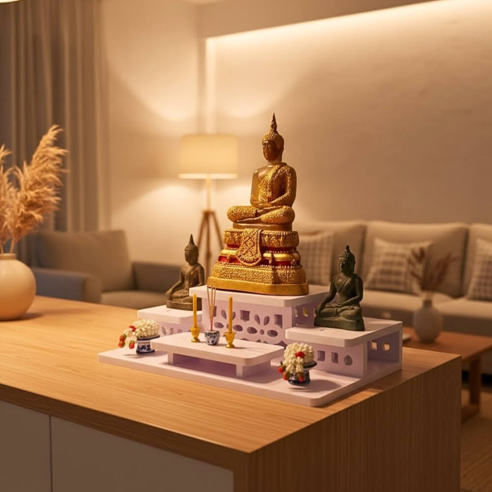 โต๊ะหมู่บูชาพระสไตล์มินิมอล KAF รุ่น NEW-TM02XL ฉลุลายโมเดิร์น