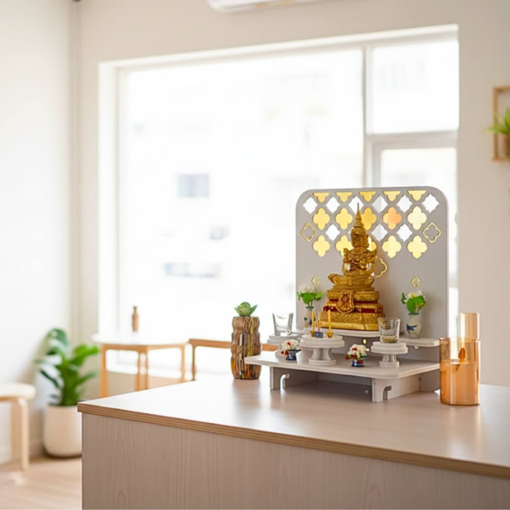 หิ้งพระตั้งโต๊ะและติดผนังโมเดิร์น KAF รุ่น PREM-03XL ลายกระจกทองพรีเมียม