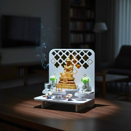 หิ้งพระตั้งโต๊ะและติดผนังโมเดิร์น KAF รุ่น PREM-03XL ลายกระจกทองพรีเมียม_7