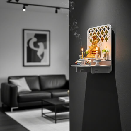 หิ้งพระตั้งโต๊ะและติดผนังโมเดิร์น KAF รุ่น PREM-03XL ลายกระจกทองพรีเมียม_5