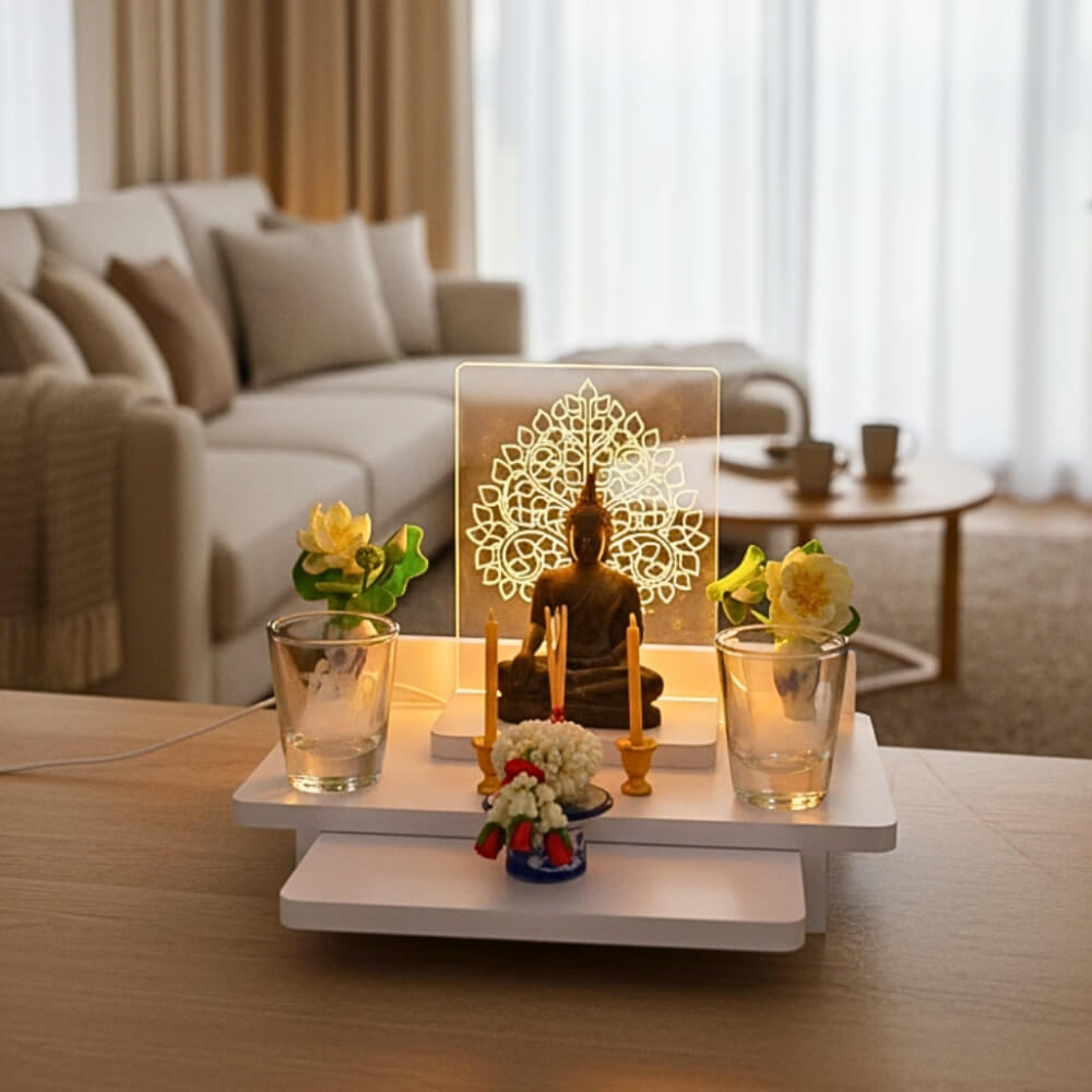 หิ้งพระมีไฟสไตล์โมเดิร์น KAF รุ่น SIMPLE PLUS LIGHT01 ลายต้นโพธิ์