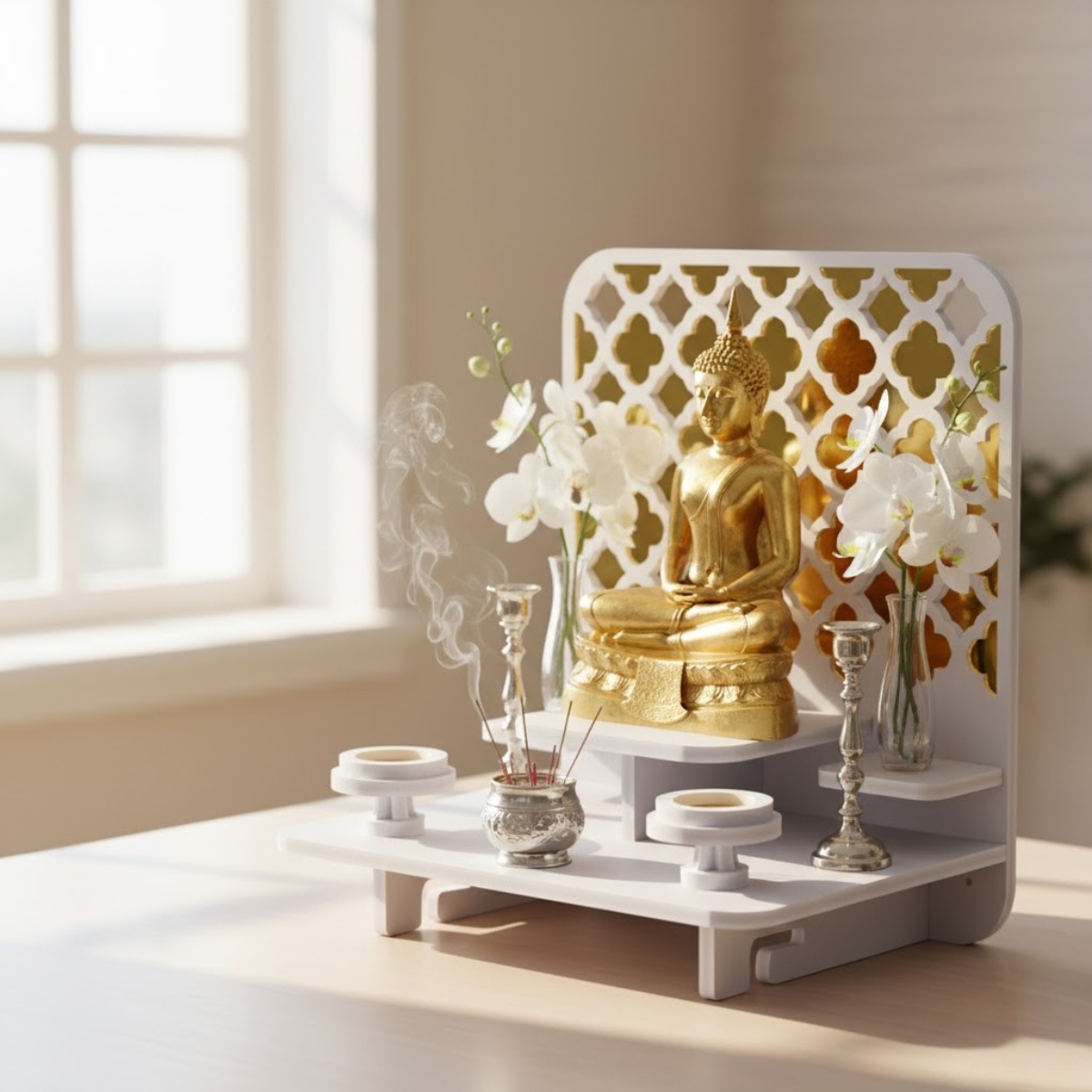 หิ้งพระตั้งโต๊ะและติดผนังโมเดิร์น KAF รุ่น PREM-02XL ลายกระจกทองพรีเมียม_8