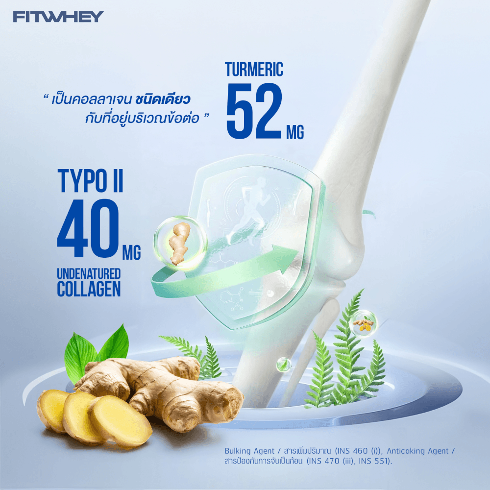 ผลิตภัณฑ์เสริมอาหาร FITWHEY SUPPLEMENTS UNDENATURE COLLAGEN TYPE II 40MG + TURMERIC 52MG
