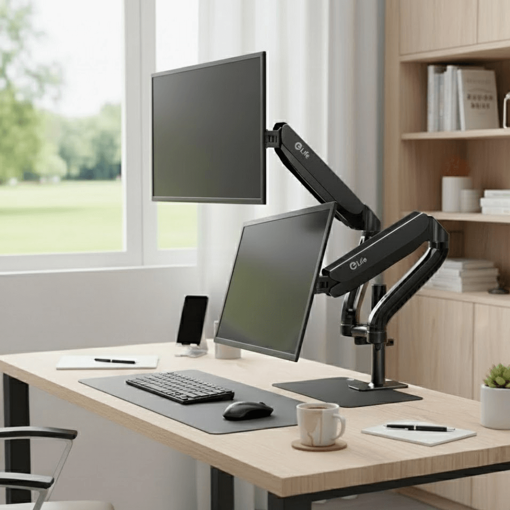 แขนจับจอมอนิเตอร์ 2 แขน ELIFE CS95 หมุนได้360&deg; สีดำ