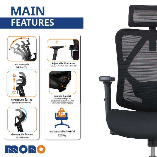 เก้าอี้ทำงานเพื่อสุขภาพ MONO FURNITURE รุ่น ARCTIC/H ผ้าตาข่าย/สีดำ