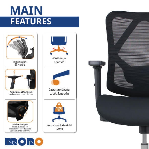 เก้าอี้ทำงานเพื่อสุขภาพ MONO FURNITURE รุ่น ARCTIC/M ผ้าตาข่าย/สีเทา