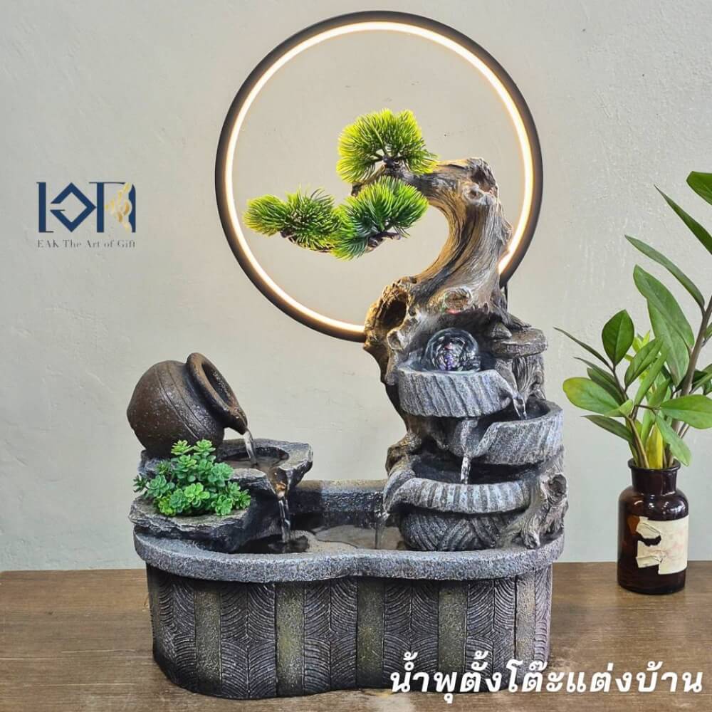 น้ำพุตั้งโต๊ะเสริมฮวงจุ้ย EAKGIFT รุ่น26098 สไตล์ธรรมชาติมีลูกแก้วหมุนและไฟLED