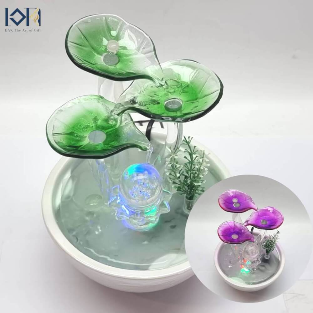 น้ำพุตั้งโต๊ะเสริมฮวงจุ้ย EAKGIFT รุ่น99031G สไตล์โมเดิร์นใบแก้วสีเขียวมรกต