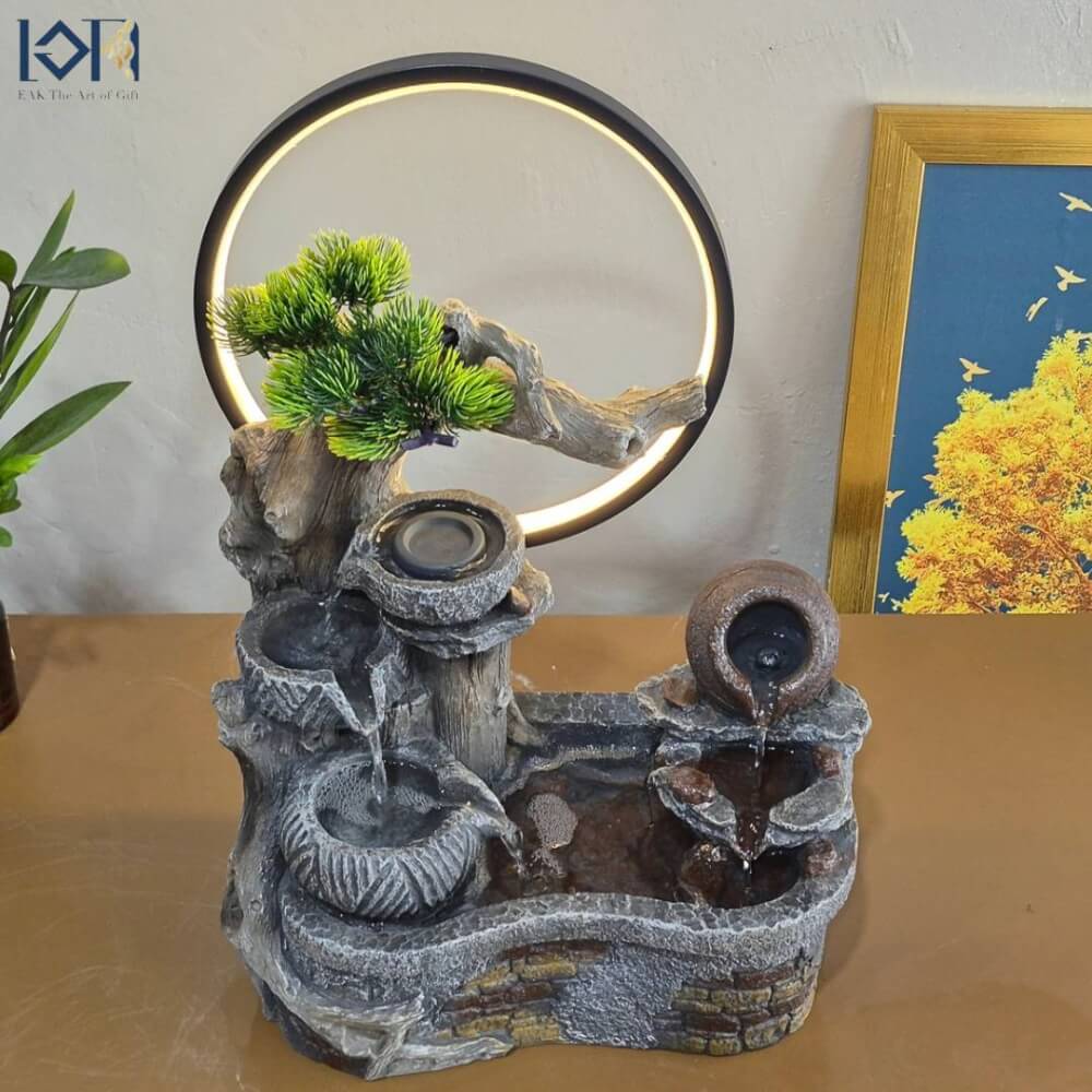 น้ำพุตั้งโต๊ะเสริมฮวงจุ้ย EAKGIFT รุ่น26088 มีโม่เงินโม่ทองหมุน วงไฟLED