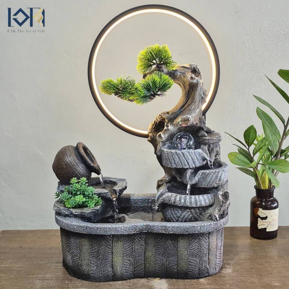 น้ำพุตั้งโต๊ะเสริมฮวงจุ้ย EAKGIFT รุ่น26098 สไตล์ธรรมชาติมีลูกแก้วหมุนและไฟLED
