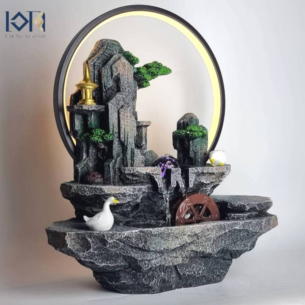 น้ำพุตั้งโต๊ะ EAKGIFT รุ่น7130 สไตล์ธรรมชาติมีกังหังหมุน วงไฟ LED