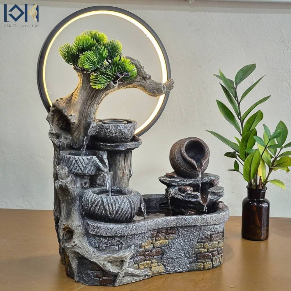 น้ำพุตั้งโต๊ะเสริมฮวงจุ้ย EAKGIFT รุ่น26088 มีโม่เงินโม่ทองหมุน วงไฟLED