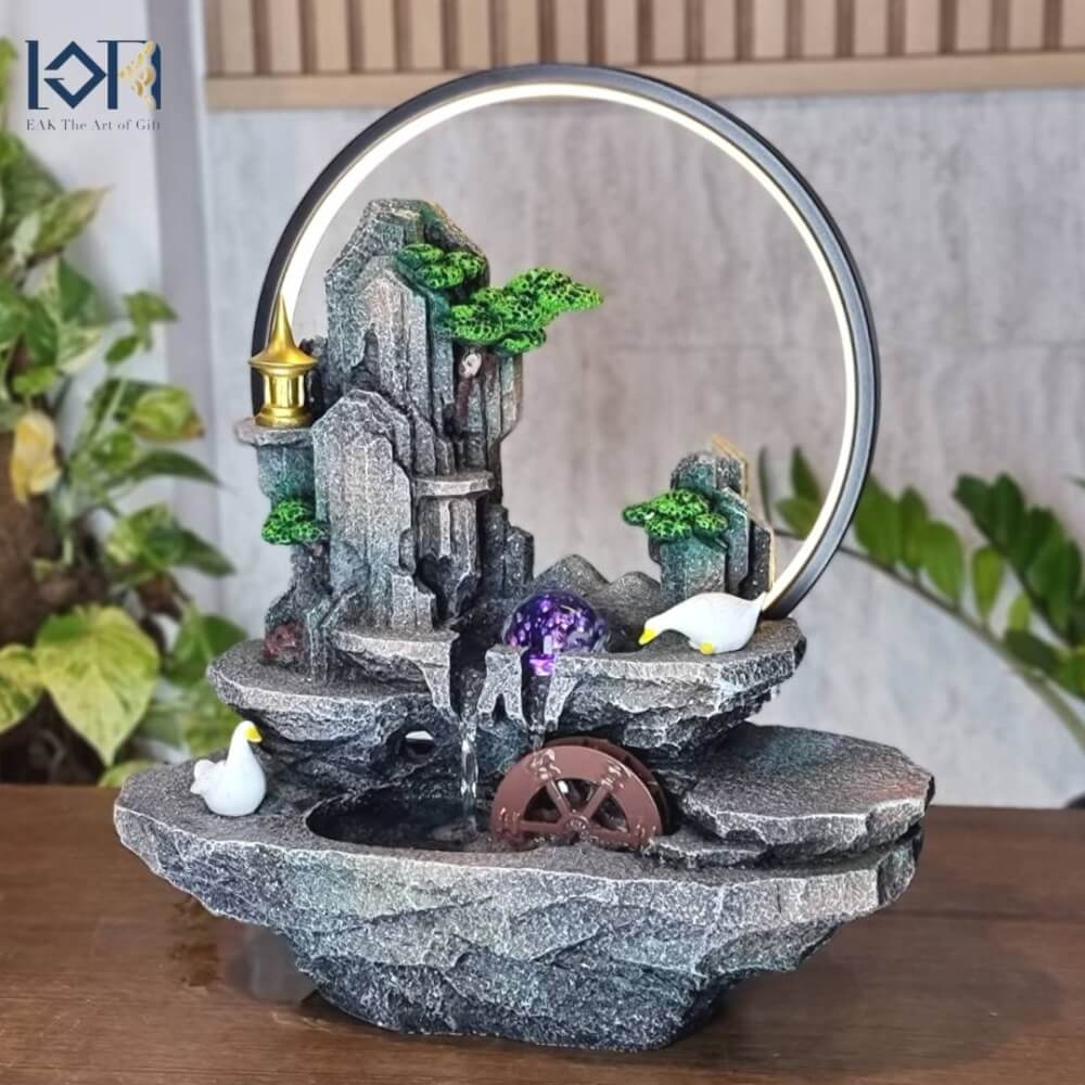 น้ำพุตั้งโต๊ะ EAKGIFT รุ่น7130 สไตล์ธรรมชาติมีกังหังหมุน วงไฟ LED