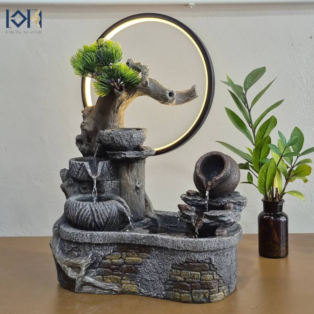 น้ำพุตั้งโต๊ะเสริมฮวงจุ้ย EAKGIFT รุ่น26088 มีโม่เงินโม่ทองหมุน วงไฟLED