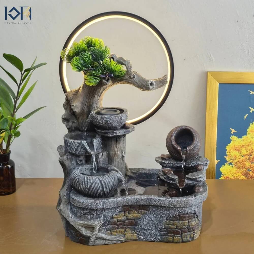 น้ำพุตั้งโต๊ะเสริมฮวงจุ้ย EAKGIFT รุ่น26088 มีโม่เงินโม่ทองหมุน วงไฟLED