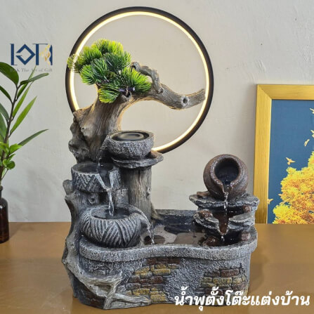 น้ำพุตั้งโต๊ะเสริมฮวงจุ้ย EAKGIFT รุ่น26088 มีโม่เงินโม่ทองหมุน วงไฟLED_1