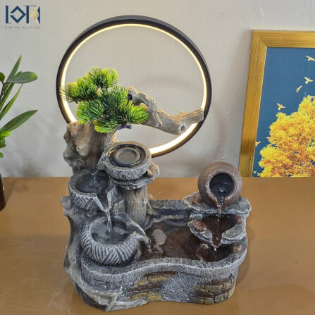 น้ำพุตั้งโต๊ะเสริมฮวงจุ้ย EAKGIFT รุ่น26088 มีโม่เงินโม่ทองหมุน วงไฟLED_3