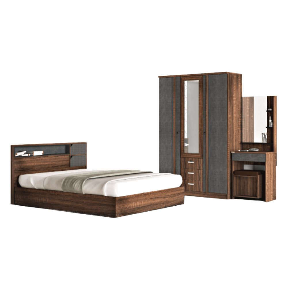 ชุดห้องนอน + ที่นอน 6 ฟุต WISDOM DESIGN FURNITURE รุ่น BENNER สี วอลนัท/กราไฟท์