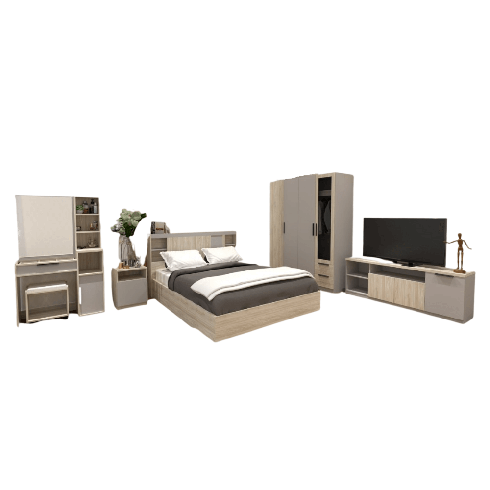 ชุดห้องนอน + ที่นอน PVC 6 ฟุต WISDOM DESIGN FURNITURE รุ่น VIDA2 สีไวท์โอ๊ค/เทา
