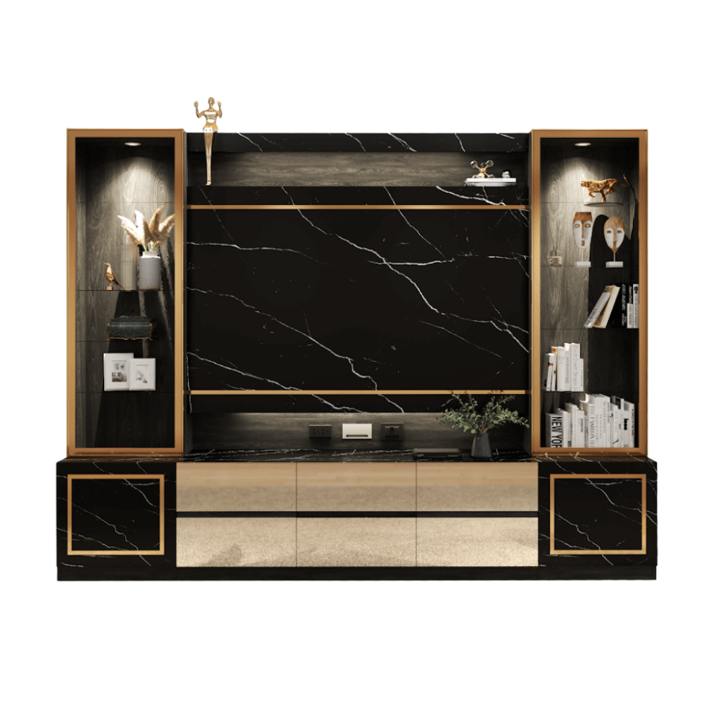 ตู้วางทีวี WISDOM DESIGN FURNITURE รุ่น GT-301 300 ซม. สีแอชเกรย์/ดาร์คมาร์เบิ้ล/โกลด์
