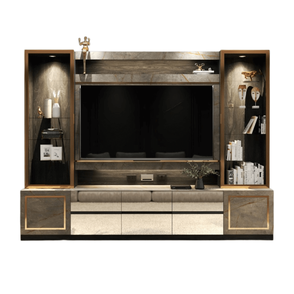 ตู้วางทีวี WISDOM DESIGN FURNITURE รุ่น GT-301 300 ซม. สีขาว/บราวน์มาร์เบิ้ล/โกลด์