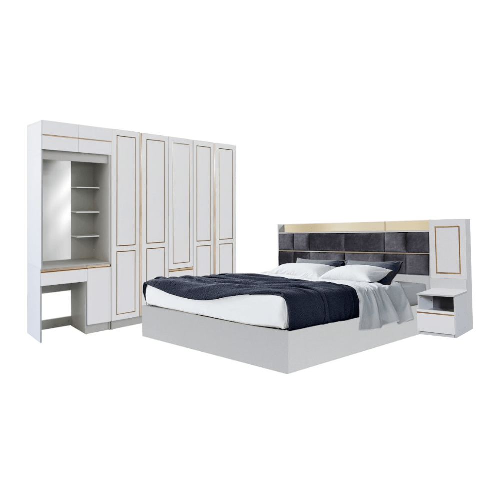 ชุดห้องนอน + ที่นอนสปริง 6 ฟุต WISDOM DESIGN FURNITURE รุ่น BRAELYN 5 สีไลท์ยีนส์/ขาว