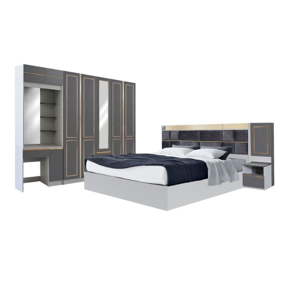 ชุดห้องนอน + ที่นอนสปริง 6 ฟุต WISDOM DESIGN FURNITURE รุ่น BRAELYN 5 (กระจก) สียีนส์/กราไฟท์
