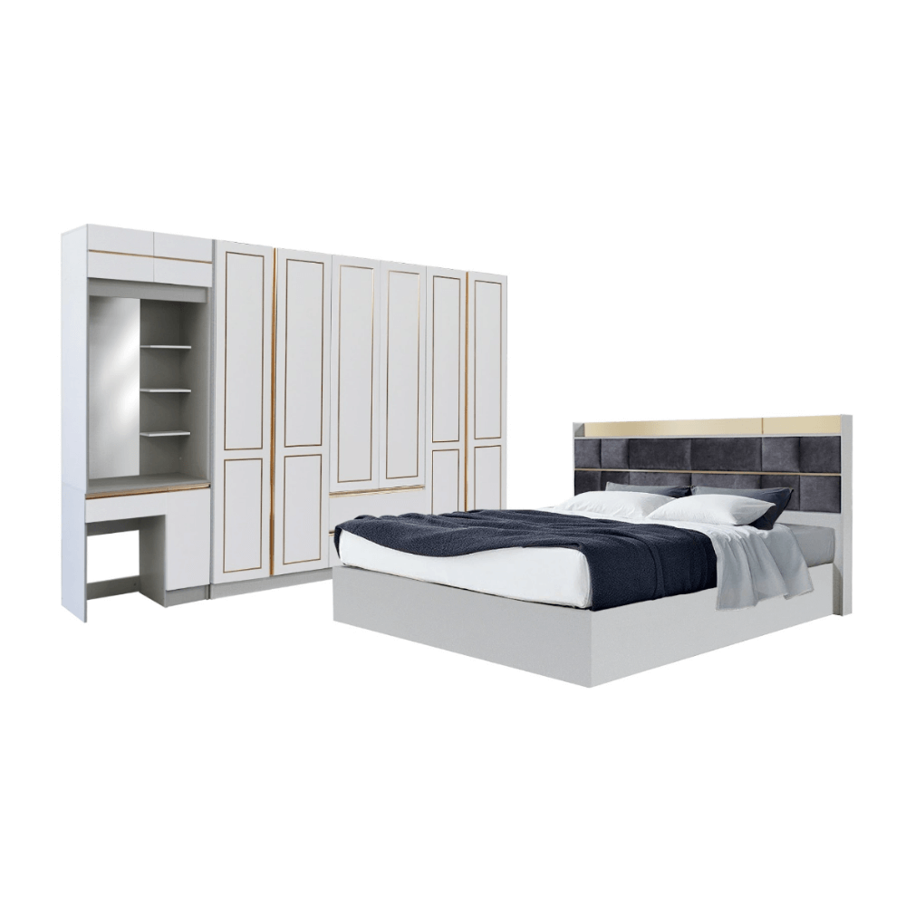 ชุดห้องนอน + ที่นอนสปริง 6 ฟุต WISDOM DESIGN FURNITURE รุ่น BRAELYN 6 สีไลท์ยีนส์/ขาว