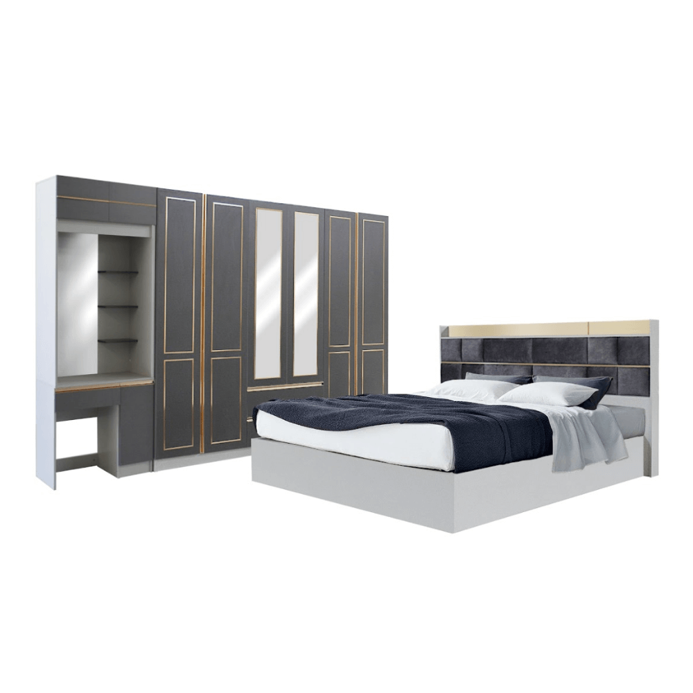 ชุดห้องนอน + ที่นอน PVC 6 ฟุต WISDOM DESIGN FURNITURE รุ่น BRAELYN 6 (กระจก) สียีนส์/กราไฟท์