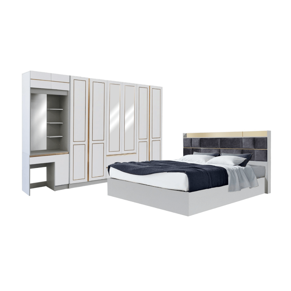 ชุดห้องนอน + ที่นอน PVC 6 ฟุต WISDOM DESIGN FURNITURE รุ่น BRAELYN 6 (กระจก) สีไลท์ยีนส์/ขาว