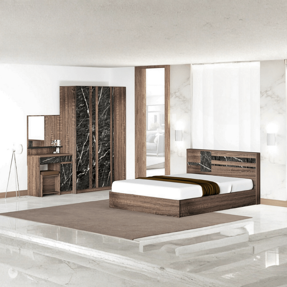 ชุดห้องนอน + ที่นอน 6 ฟุต WISDOM DESIGN FURNITURE รุ่น GALAXY สี วอลนัท/หิน