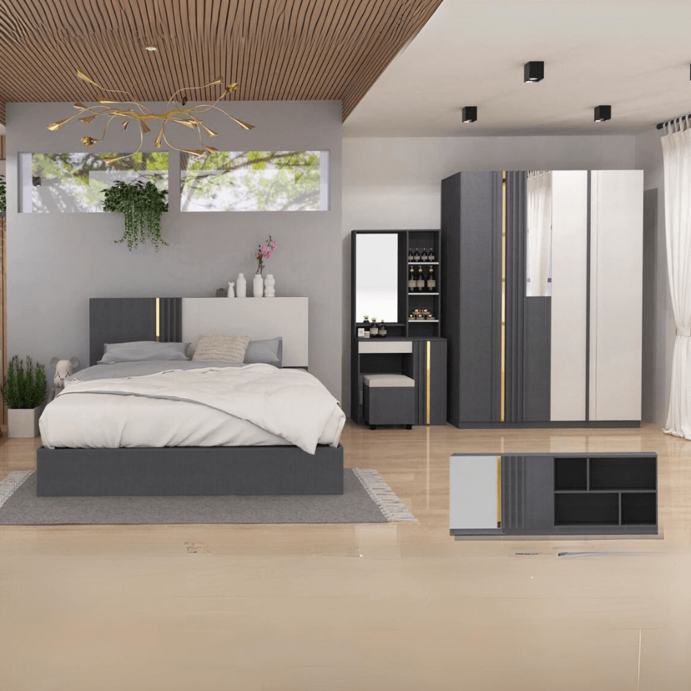 ชุดห้องนอน + ที่นอน 6 ฟุต WISDOM DESIGN FURNITURE รุ่น MARTIN สี เทา