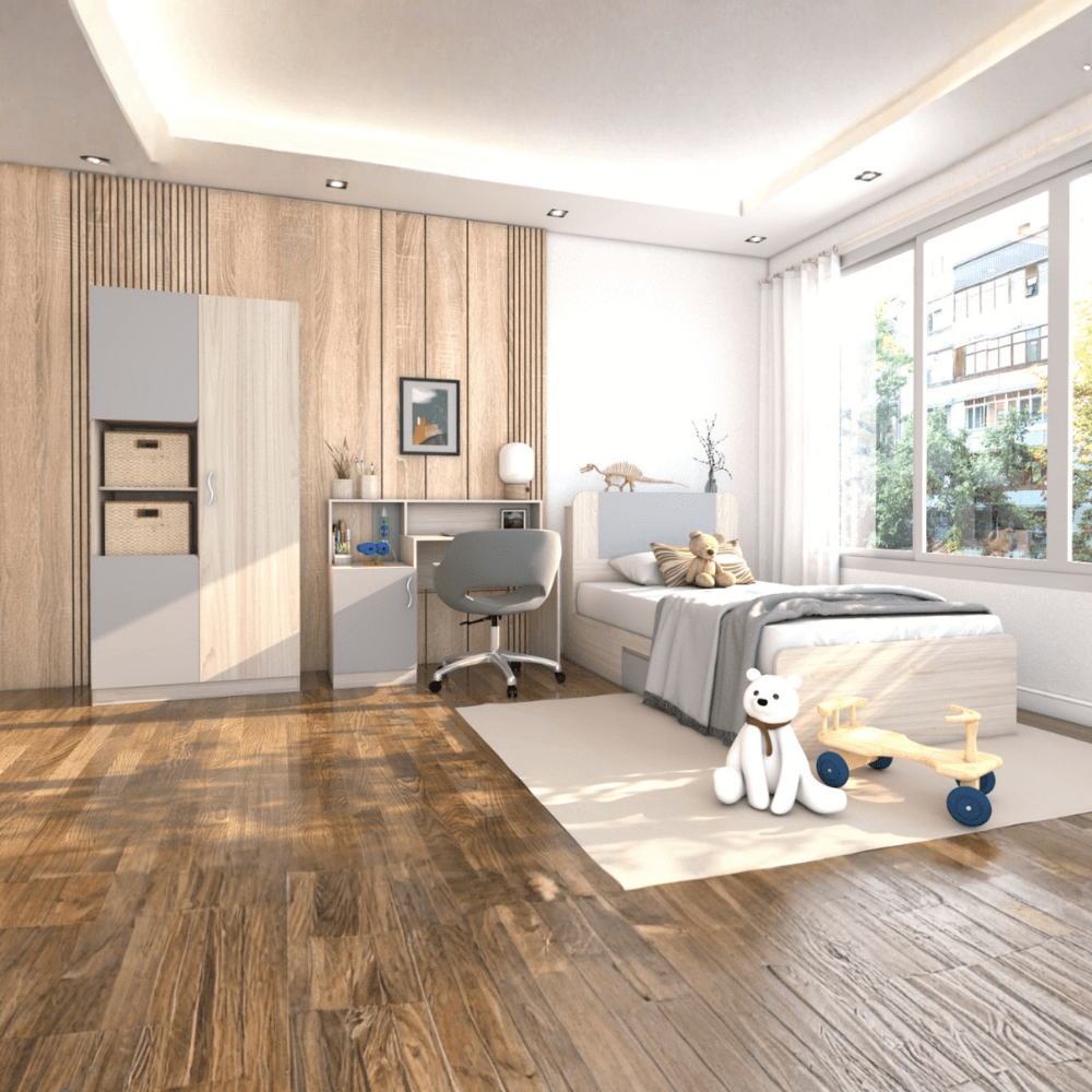 ชุดห้องนอน + ที่นอน PVC 3.5 ฟุต WISDOM DESIGN FURNITURE รุ่น FAMINGO1 สีไวท์โอ๊ค/เทา_1
