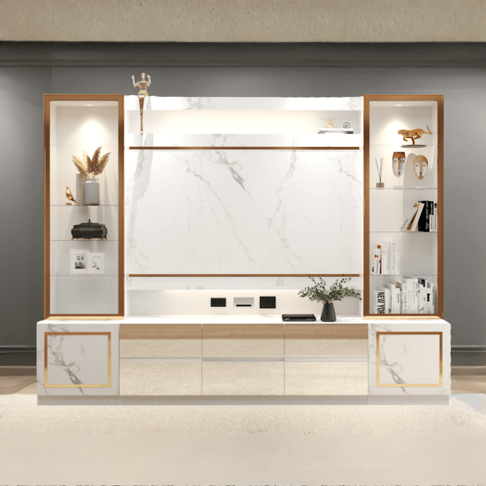 ตู้วางทีวี WISDOM DESIGN FURNITURE รุ่น GT-301 300 ซม. สีขาว/มาร์เบิ้ล/โกลด์