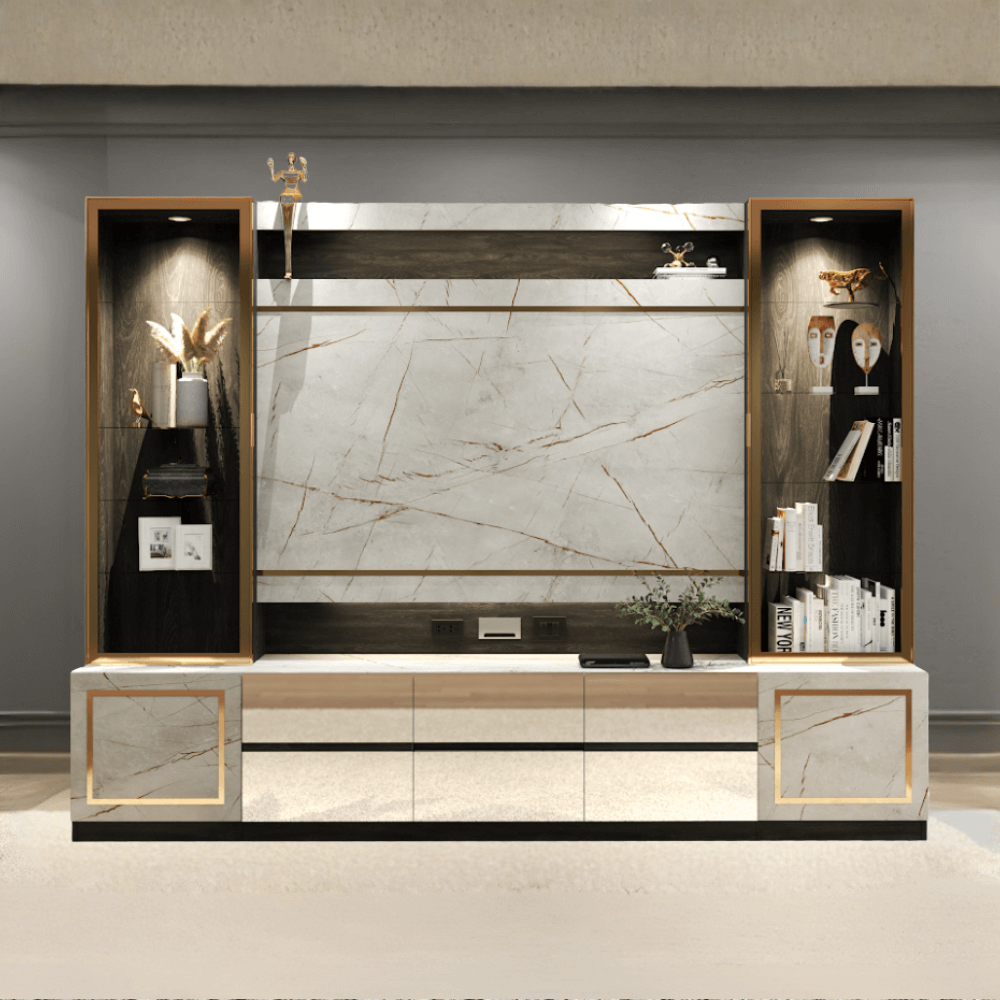 ตู้วางทีวี WISDOM DESIGN FURNITURE รุ่น GT-301 300 ซม. สีขาว/ไลท์มาร์เบิ้ล/โกลด์