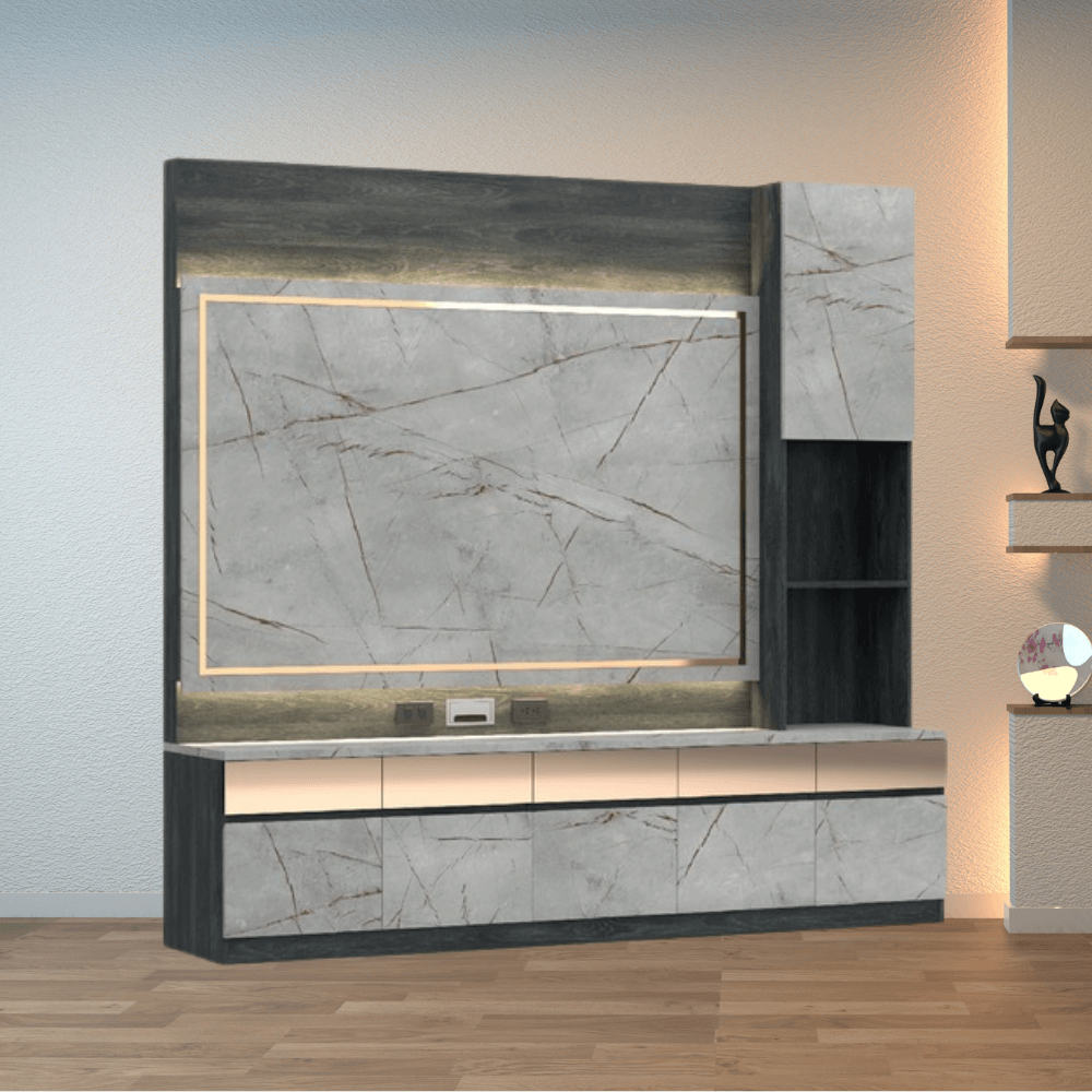 ตู้วางทีวี WISDOM DESIGN FURNITURE รุ่น GH-241 240 ซม. สีแอชเกรย์/ไลท์มาร์เบิ้ล/โกลด์