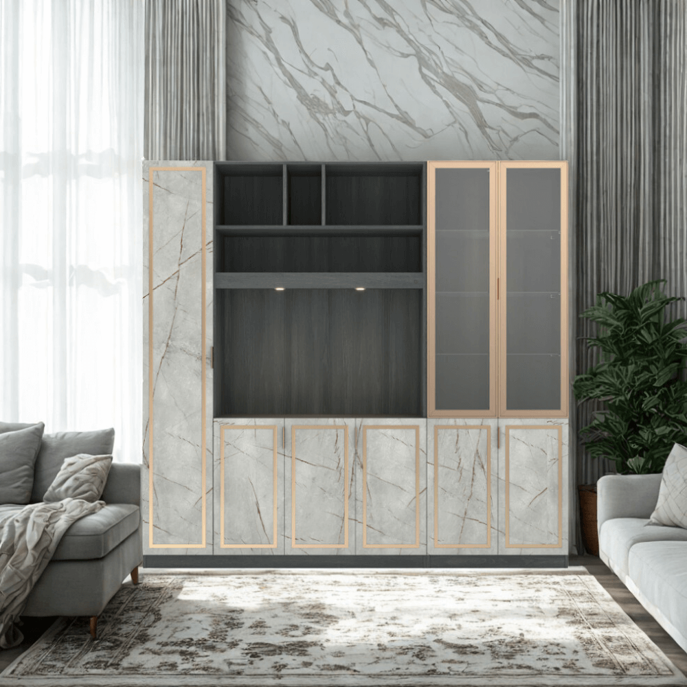 ตู้วางทีวี WISDOM DESIGN FURNITURE รุ่น GW-240 240 ซม. สีแอชเกรย์/ไลท์มาร์เบิ้ล/โกลด์