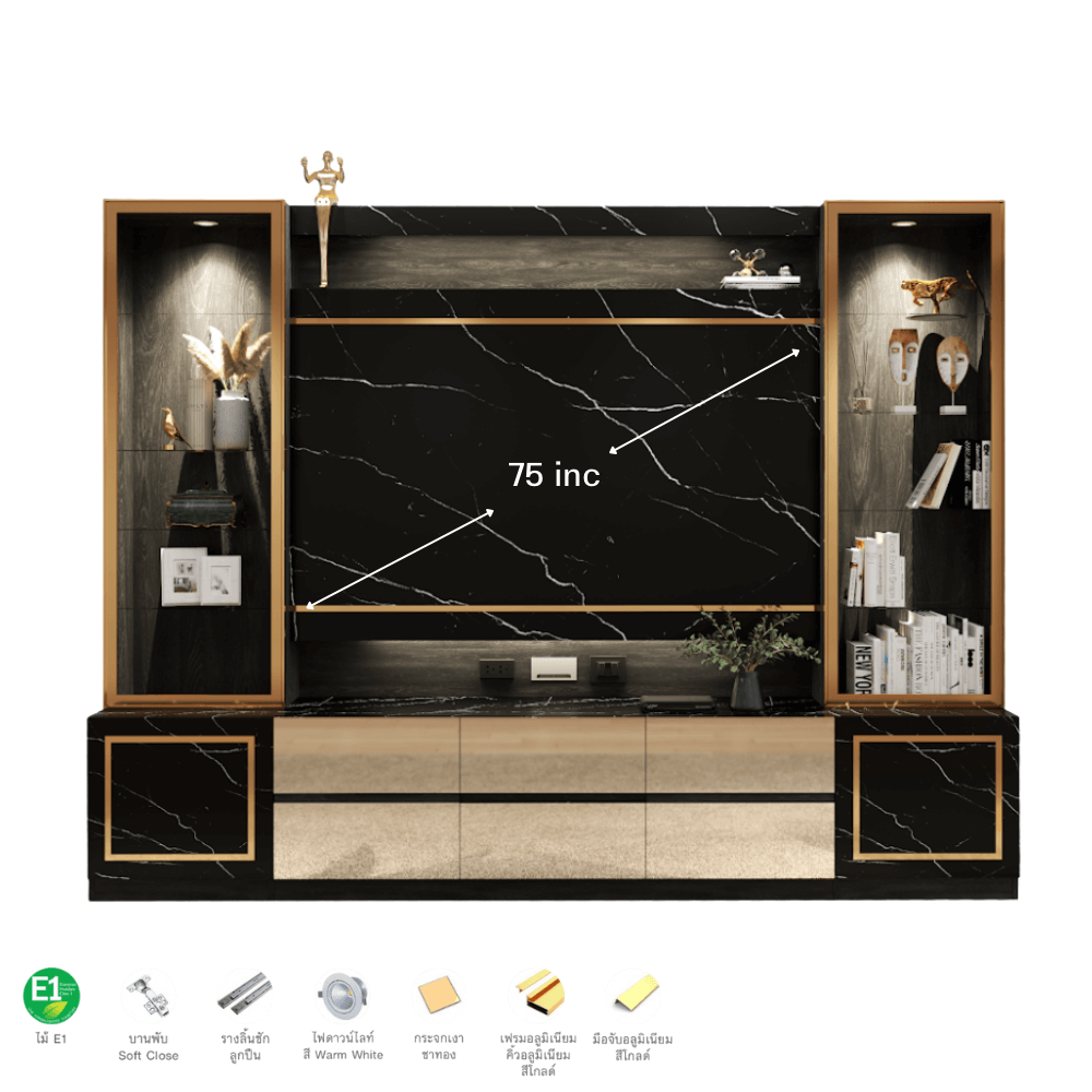 ตู้วางทีวี WISDOM DESIGN FURNITURE รุ่น GT-301 300 ซม. สีแอชเกรย์/ดาร์คมาร์เบิ้ล/โกลด์